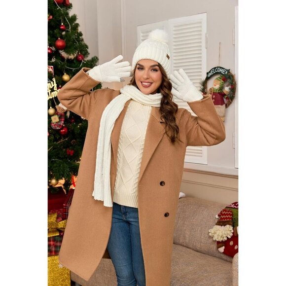 Women’s Oatmeal Winter Beanie Hat Scarf & Touchscreen Gloves 3-in-1 Gift
